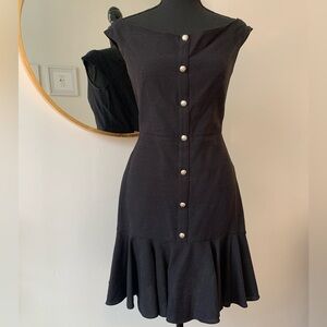 Veronica Beard Navy Ruffle Over the Shkulder Midi Dress with Gold Buttons